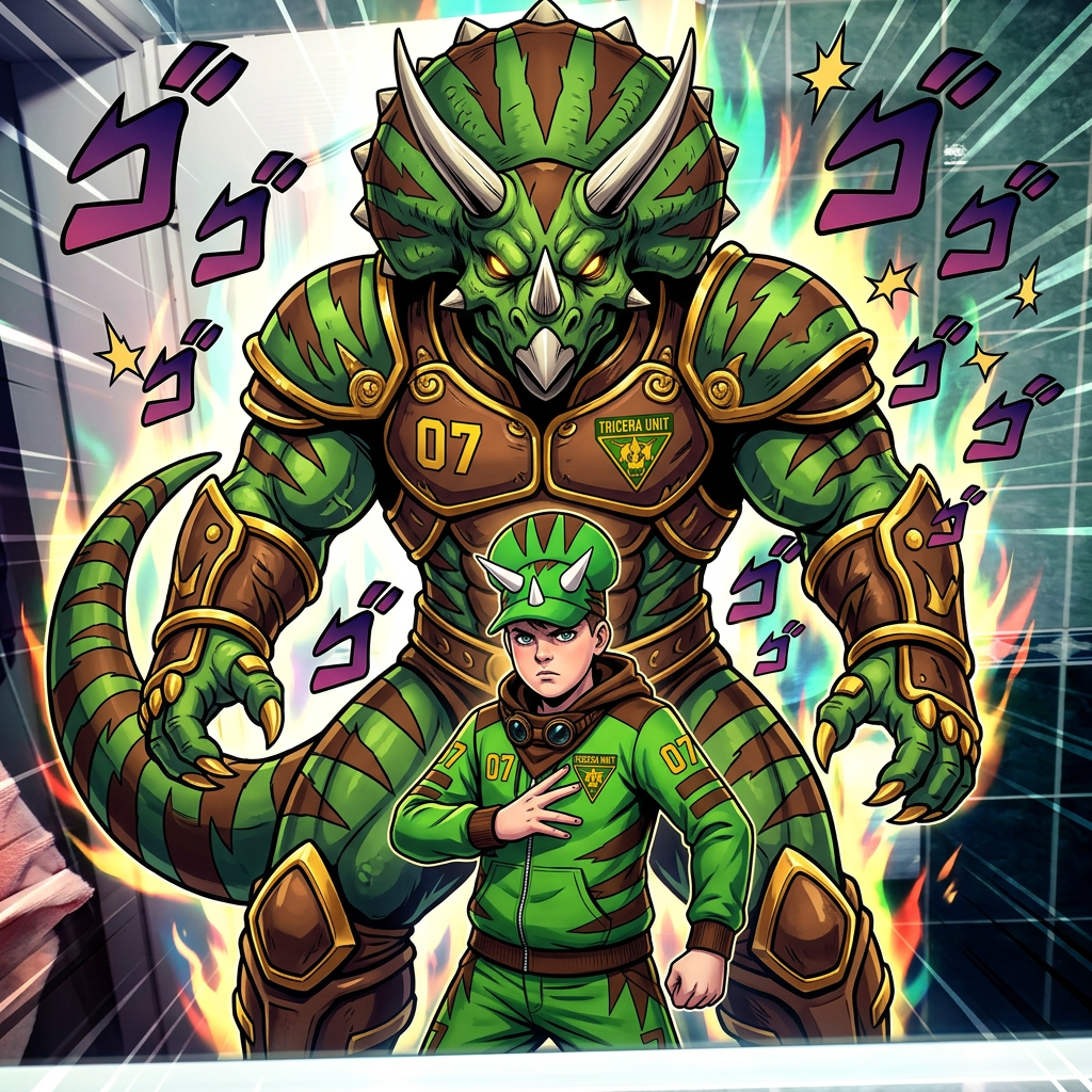AI Design for give me a jojos bizzare adventure styled stand that is a spirt that embodies the users power and stands tall above them my outfit has the hat pants hoodie and goggles in a resting position same with the hood and the stand is mighty powerfull strongly resembles an armored triceratops with stripesgreen base brown stripes and yellow accents of choice