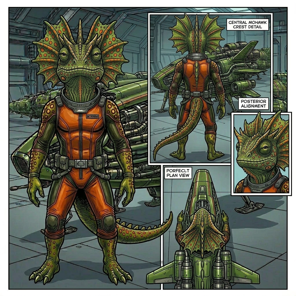 AI Design for generate this horned mowhawk lizard from different angles not a side mowhawk a mowhawk crest running throught the midddle centre