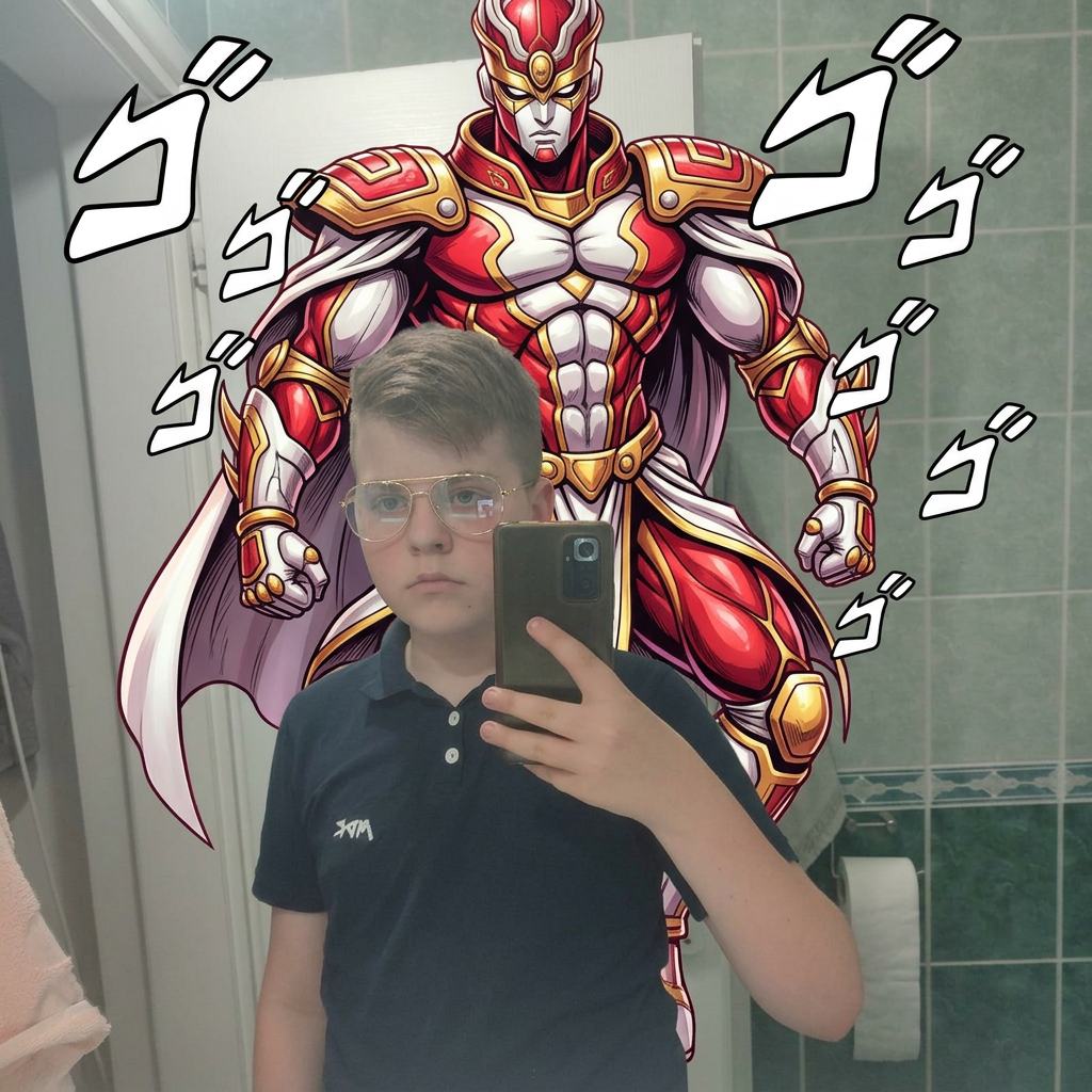 AI Design for give me a jojos bizzare adventure styled stand that is a spirt that embodies the users power and stands tall above them make it red white and gold and put me on the image and dont change my look or art stylr and give me gold glasses