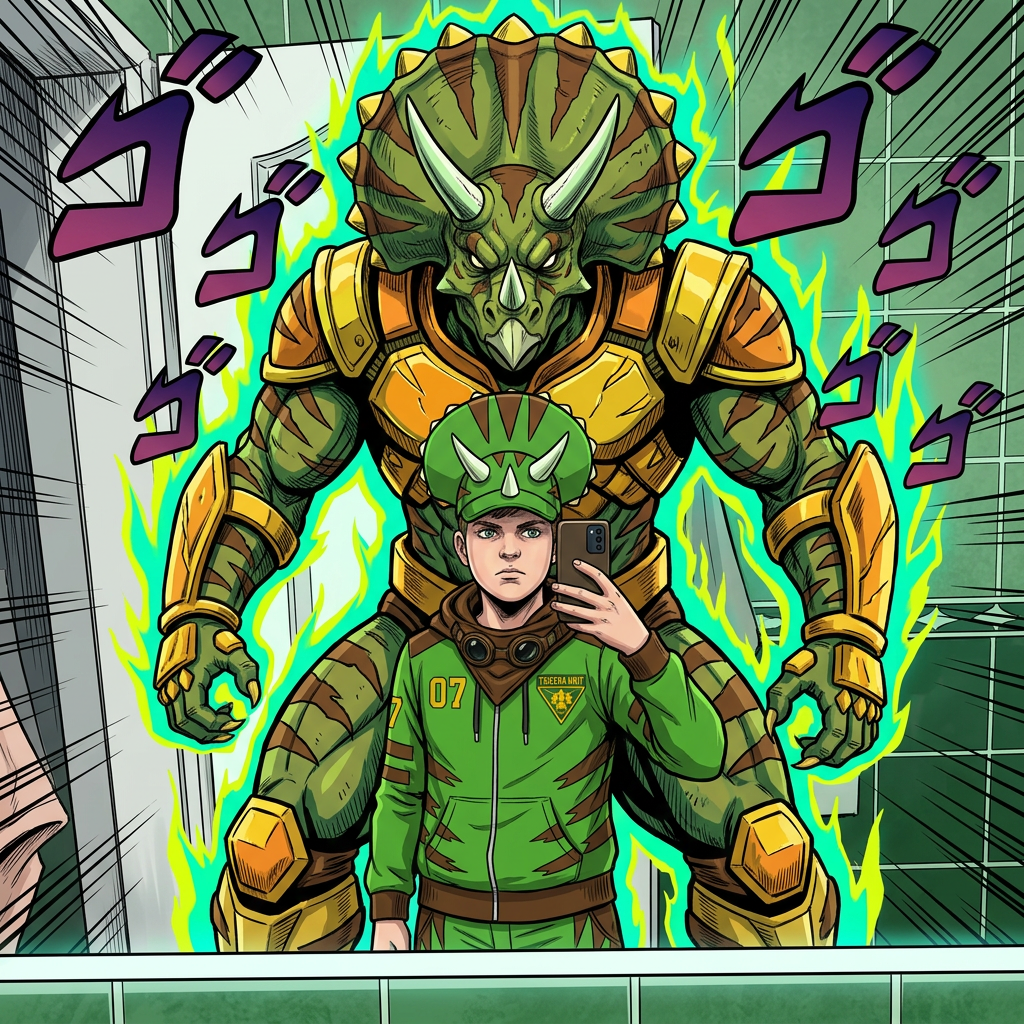 AI Design for give me a jojos bizzare adventure styled stand that is a spirt that embodies the users power and stands tall above them my outfit has the hat pants hoodie and goggles in a resting position same with the hood and the stand is mighty powerfull strongly resembles an armored triceratops with stripesgreen base brown stripes and yellow accents of choice dont make me anime style just the clothes and stand and the hood should rest on my shoulders3