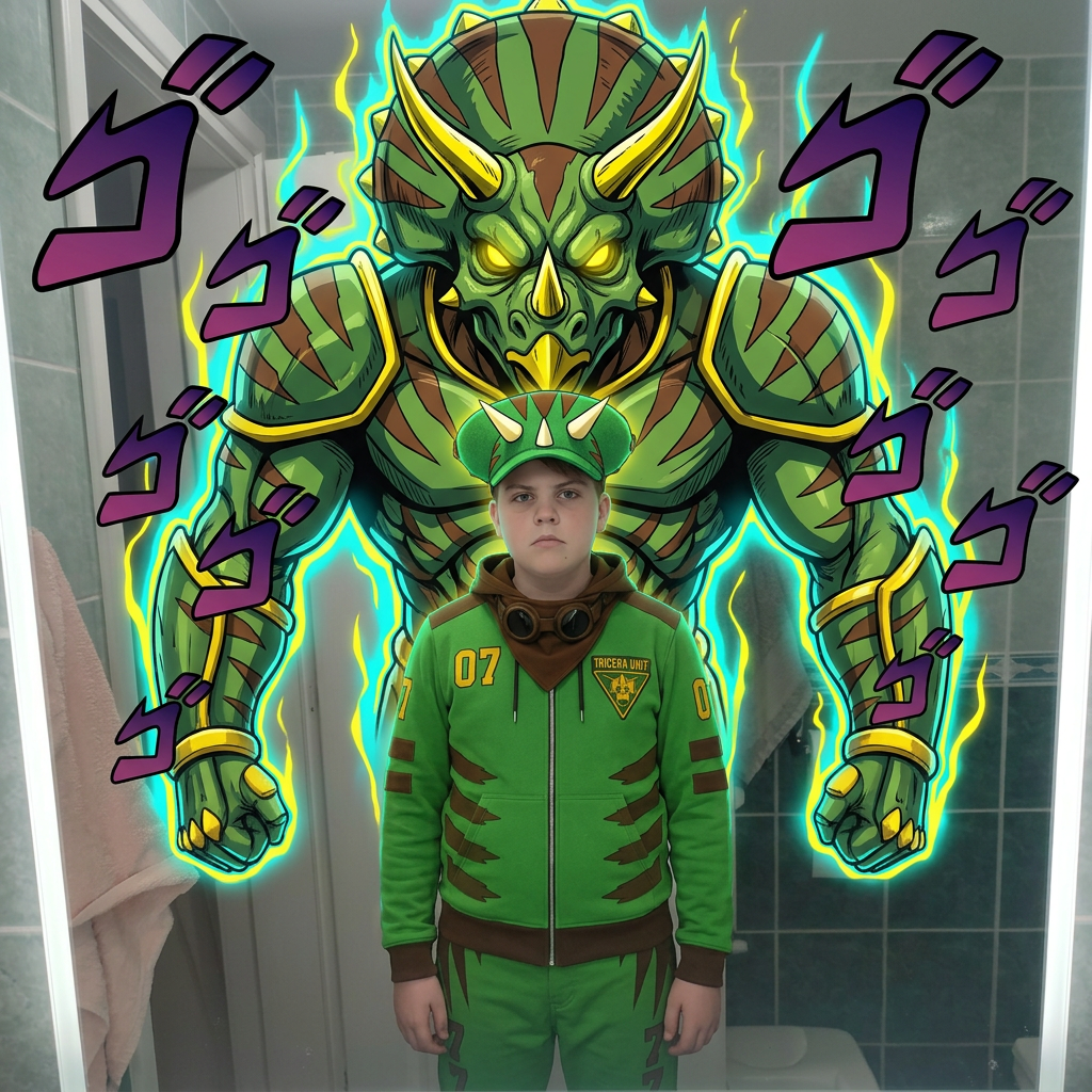 AI Design for give me a jojos bizzare adventure styled stand that is a spirt that embodies the users power and stands tall above them my outfit has the hat pants hoodie and goggles in a resting position same with the hood and the stand is mighty powerfull strongly resembles an armored triceratops with stripesgreen base brown stripes and yellow accents of choice dont make me anime style just the clothes and stand and the hood should rest on my shoulders3
