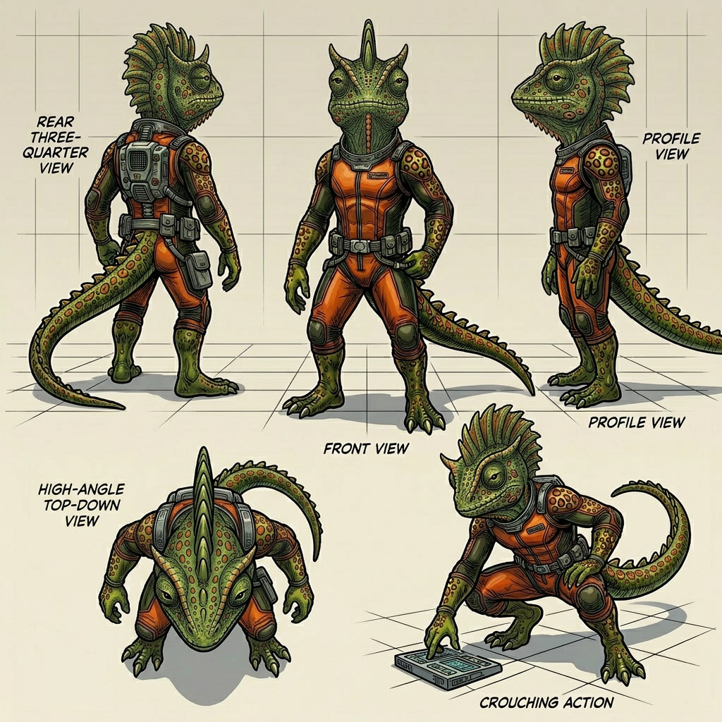 AI Design for generate this horned mowhawk lizard from different angles not a side mowhawk a mowhawk crest running throught the midddle centre