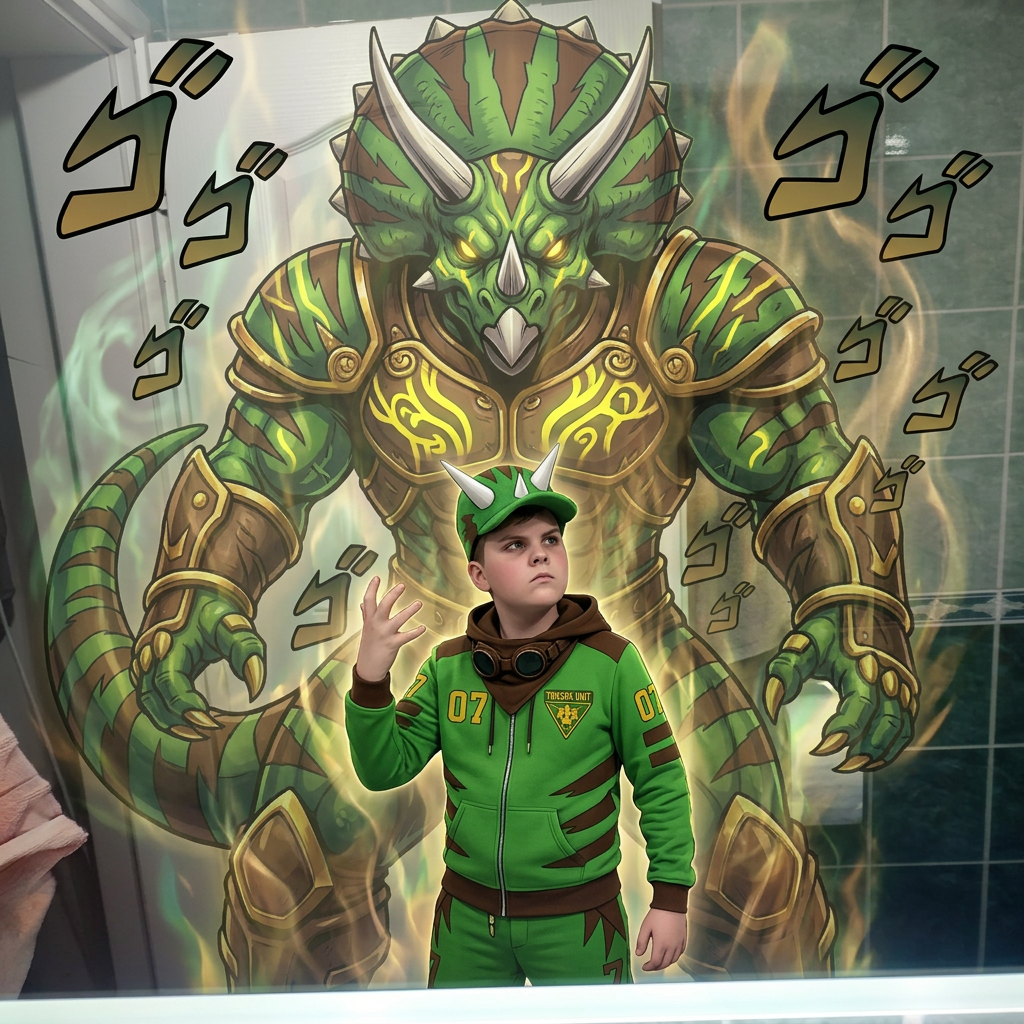 AI Design for give me a jojos bizzare adventure styled stand that is a spirt that embodies the users power and stands tall above them my outfit has the hat pants hoodie and goggles in a resting position same with the hood and the stand is mighty powerfull strongly resembles an armored triceratops with stripesgreen base brown stripes and yellow accents of choice dont make me anime style just the clothes and stand and the hood should rest on my shoulders3