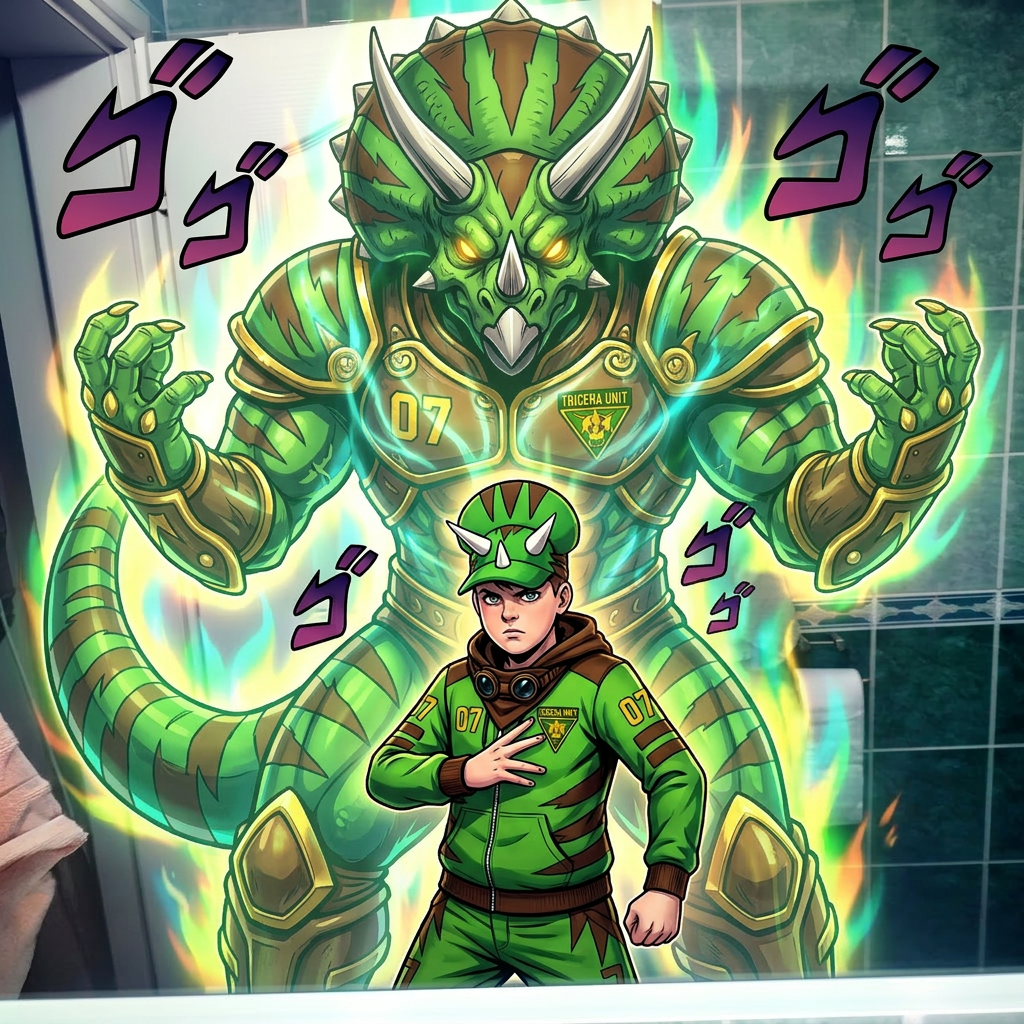 AI Design for give me a jojos bizzare adventure styled stand that is a spirt that embodies the users power and stands tall above them my outfit has the hat pants hoodie and goggles in a resting position same with the hood and the stand is mighty powerfull strongly resembles an armored triceratops with stripesgreen base brown stripes and yellow accents of choice dont make me anime style just the clothes and stand and the hood should rest on my shoulders3
