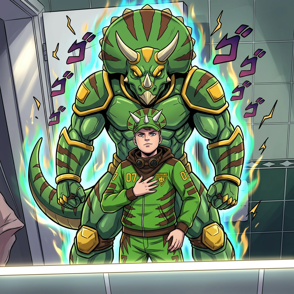 AI Design for give me a jojos bizzare adventure styled stand that is a spirt that embodies the users power and stands tall above them my outfit has the hat pants hoodie and goggles in a resting position same with the hood and the stand is mighty powerfull strongly resembles an armored triceratops with stripesgreen base brown stripes and yellow accents of choice dont make me anime style just the clothes and stand and the hood should rest on my shoulders3