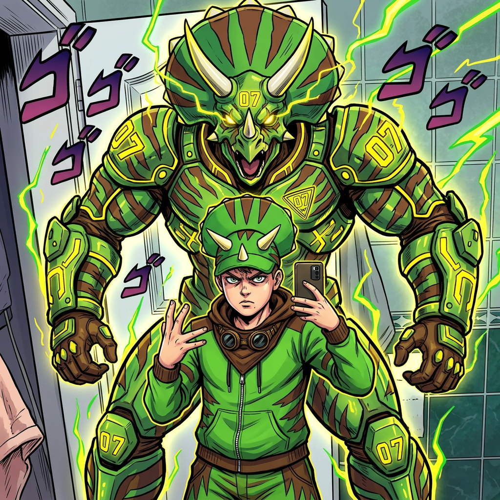 AI Design for give me a jojos bizzare adventure styled stand that is a spirt that embodies the users power and stands tall above them my outfit has the hat pants hoodie and goggles in a resting position same with the hood and the stand is mighty powerfull strongly resembles an armored triceratops with stripesgreen base brown stripes and yellow accents of choice