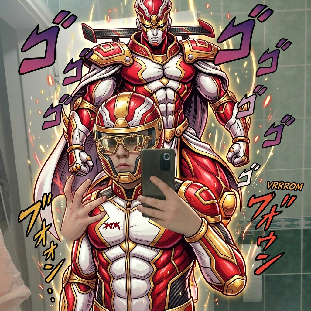 AI Design for give me a jojos bizzare adventure styled stand that is a spirt that embodies the users power and stands tall above them make it red white and gold and put me on the image and dont change my look or art stylr and give me gold glasses like racing ones fully gold and a red white gold racing uniform and make me more muscullar and hot cool helmety included onlt barely covering a part of my face mouth and face visible