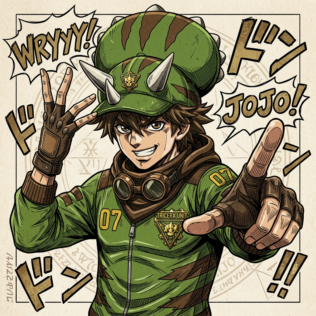 AI Design for Can you make the image anime line sketch art style where were you still keep the color but make you look like a JoJo's bizarre adventure like character like not copying anything just copying the art style