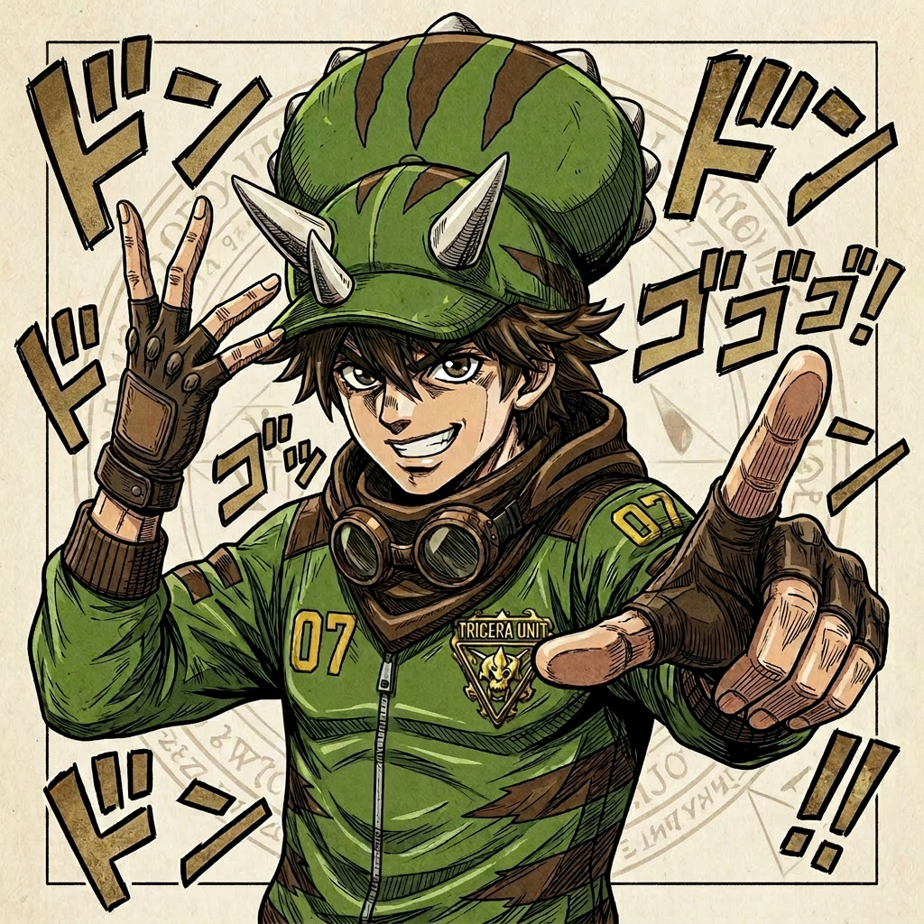 AI Design for I really like the patch that you did on the on the second image with the Golden trace your tops add it and then add the stripes from the hat from the first image with the brown stripes on the hat and remove the English text and only keep Japanese text and make it a background manga style with the with the scene characters just