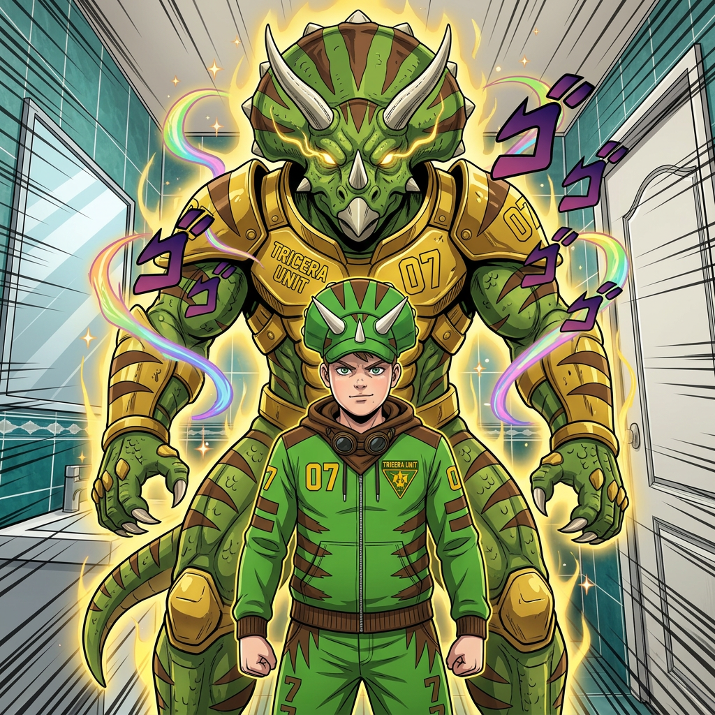 AI Design for give me a jojos bizzare adventure styled stand that is a spirt that embodies the users power and stands tall above them my outfit has the hat pants hoodie and goggles in a resting position same with the hood and the stand is mighty powerfull strongly resembles an armored triceratops with stripesgreen base brown stripes and yellow accents of choice dont make me anime style just the clothes and stand and the hood should rest on my shoulders3