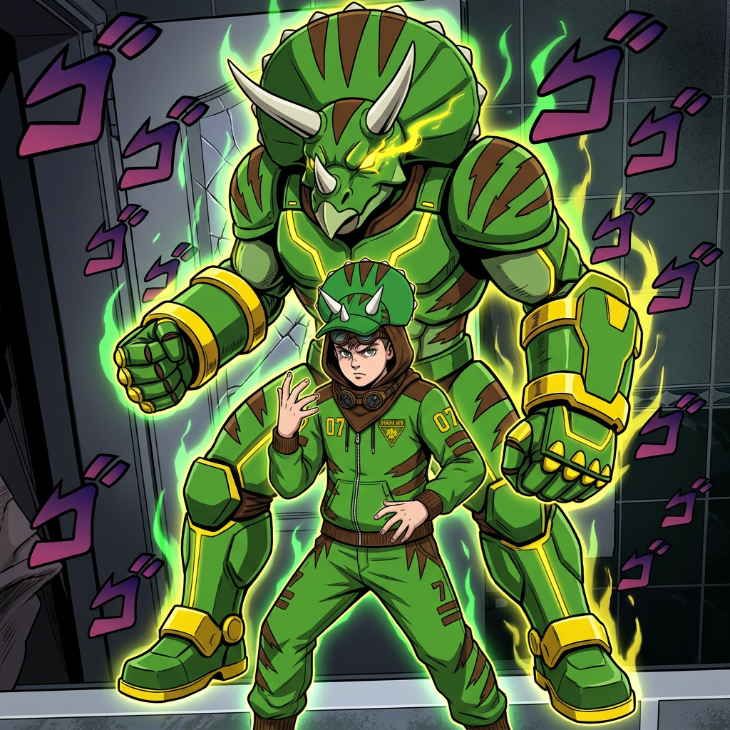 AI Design for give me a jojos bizzare adventure styled stand that is a spirt that embodies the users power and stands tall above them my outfit has the hat pants hoodie and goggles in a resting position same with the hood and the stand is mighty powerfull strongly resembles an armored triceratops with stripesgreen base brown stripes and yellow accents of choice
