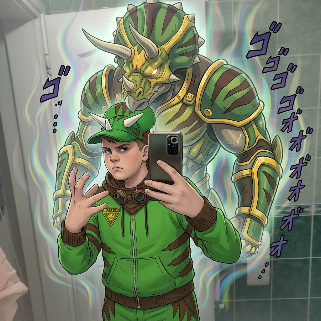 AI Design for give me a jojos bizzare adventure styled stand that is a spirt that embodies the users power and stands tall above them my outfit has the hat pants hoodie and goggles in a resting position same with the hood and the stand is mighty powerfull strongly resembles an armored triceratops with stripesgreen base brown stripes and yellow accents of choice dont make me anime style just the clothes and stand and the hood should rest on my shoulders3