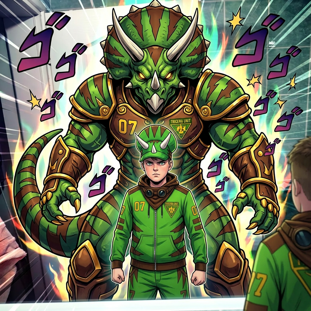 AI Design for give me a jojos bizzare adventure styled stand that is a spirt that embodies the users power and stands tall above them my outfit has the hat pants hoodie and goggles in a resting position same with the hood and the stand is mighty powerfull strongly resembles an armored triceratops with stripesgreen base brown stripes and yellow accents of choice dont make me anime style just the clothes and stand and the hood should rest on my shoulders3