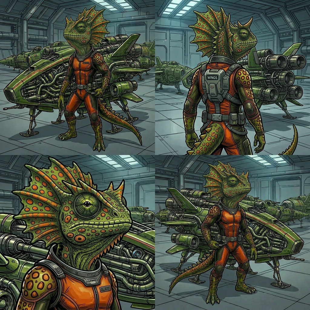 AI Design for generate this horned mowhawk lizard from different angles
