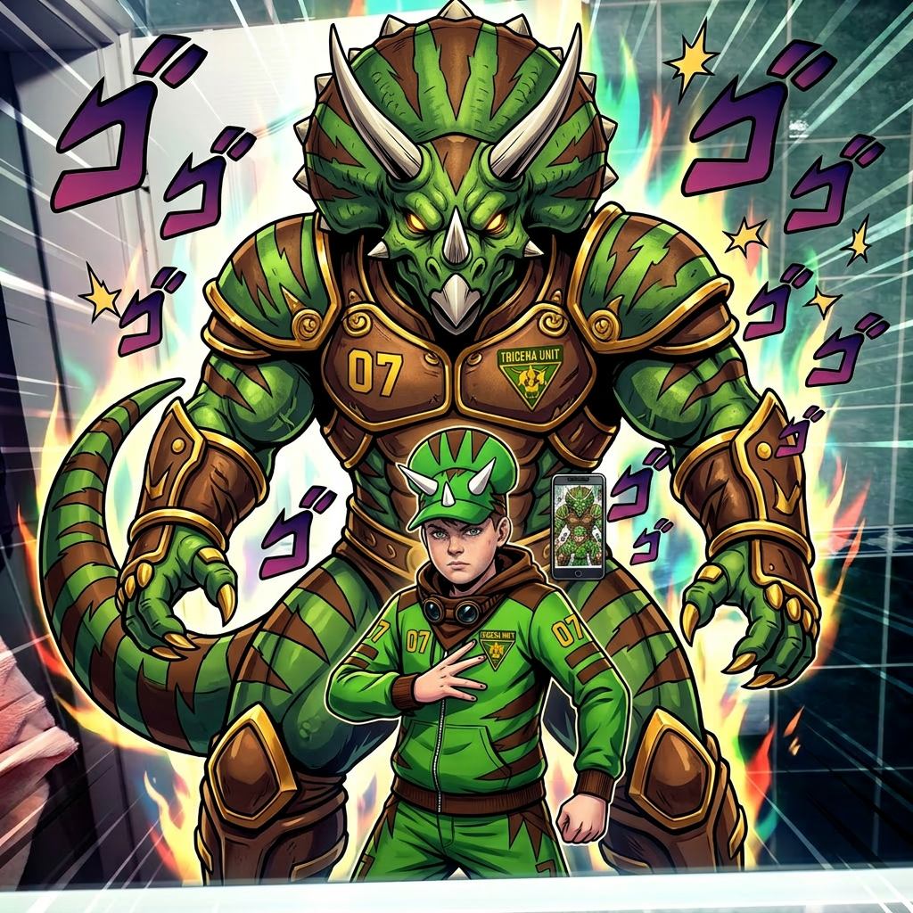 AI Design for give me a jojos bizzare adventure styled stand that is a spirt that embodies the users power and stands tall above them my outfit has the hat pants hoodie and goggles in a resting position same with the hood and the stand is mighty powerfull strongly resembles an armored triceratops with stripesgreen base brown stripes and yellow accents of choice dont make me anime style just the clothes and stand and the hood should rest on my shoulders3