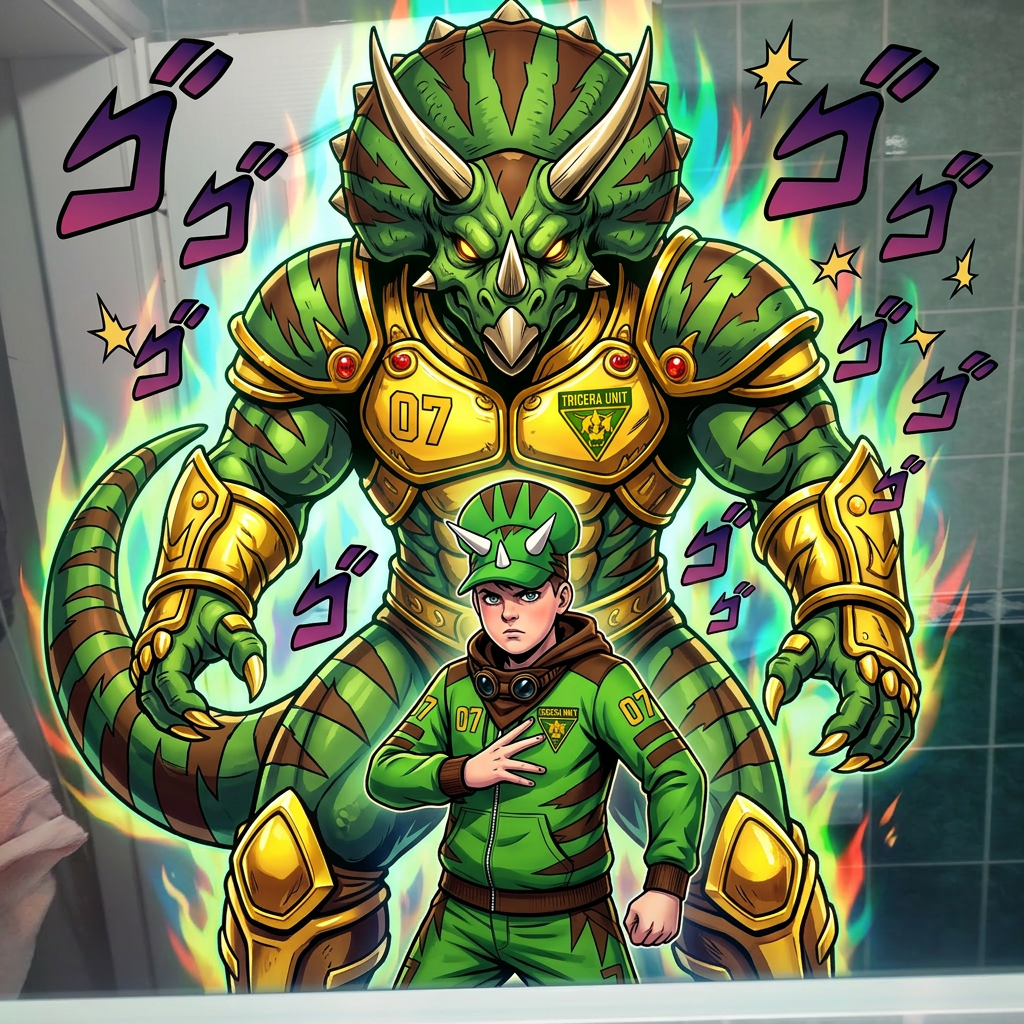 AI Design for give me a jojos bizzare adventure styled stand that is a spirt that embodies the users power and stands tall above them my outfit has the hat pants hoodie and goggles in a resting position same with the hood and the stand is mighty powerfull strongly resembles an armored triceratops with stripesgreen base brown stripes and yellow accents of choice dont make me anime style just the clothes and stand and the hood should rest on my shoulders3
