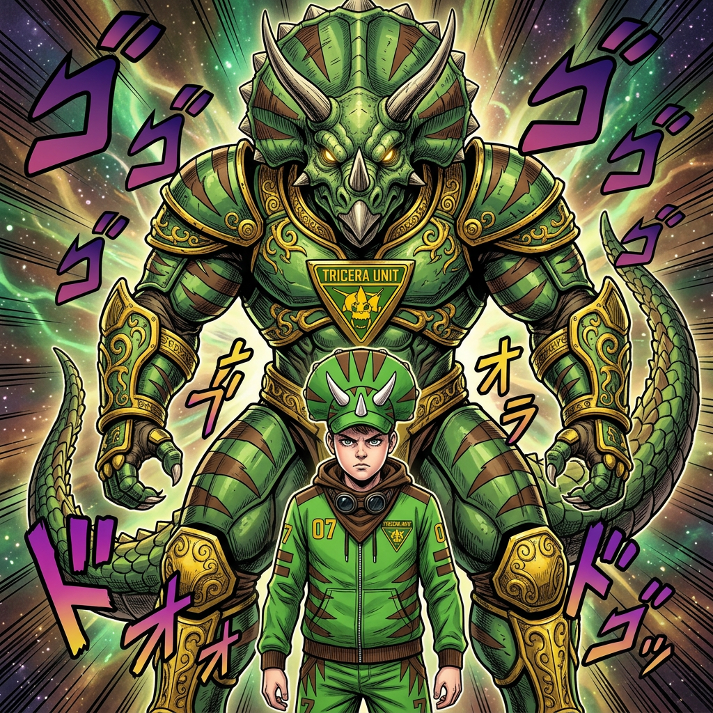 AI Design for give me a jojos bizzare adventure styled stand that is a spirt that embodies the users power and stands tall above them my outfit has the hat pants hoodie and goggles in a resting position same with the hood and the stand is mighty powerfull strongly resembles an armored triceratops with stripesgreen base brown stripes and yellow accents of choice dont make me anime style just the clothes and stand and the hood should rest on my shoulders3