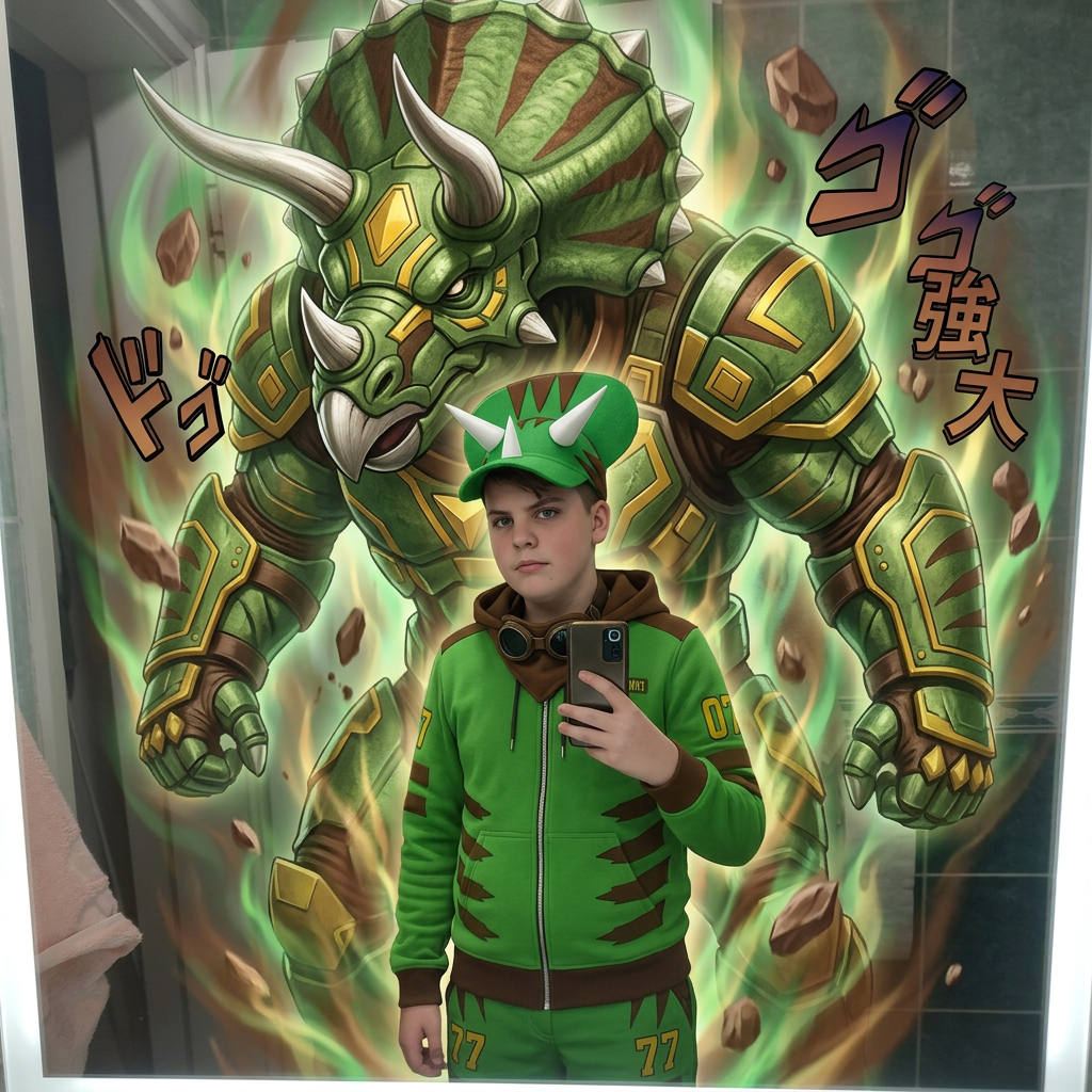 AI Design for give me a jojos bizzare adventure styled stand that is a spirt that embodies the users power and stands tall above them my outfit has the hat pants hoodie and goggles in a resting position same with the hood and the stand is mighty powerfull strongly resembles an armored triceratops with stripesgreen base brown stripes and yellow accents of choice dont make me anime style just the clothes and stand and the hood should rest on my shoulders3