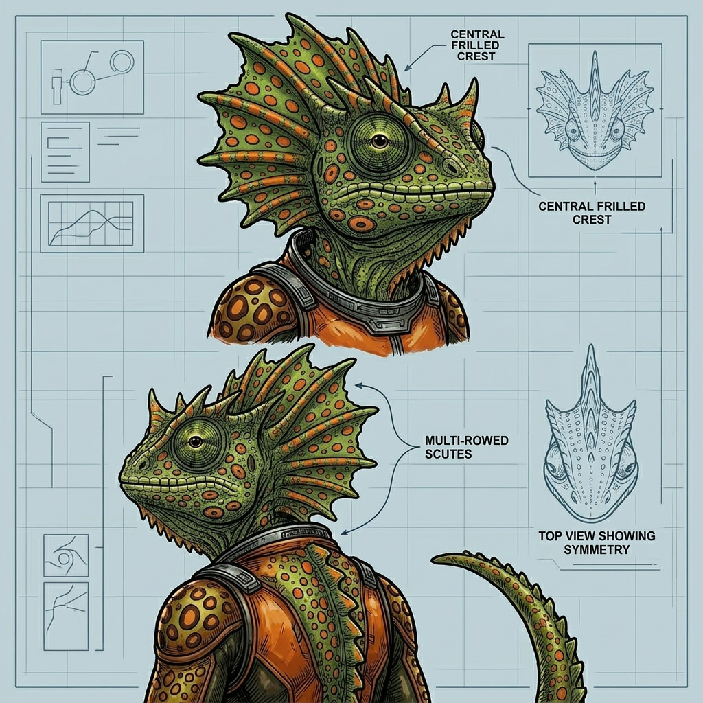 AI Design for generate this horned mowhawk lizard from different angles not a side mowhawk a mowhawk crest running throught the midddle centre