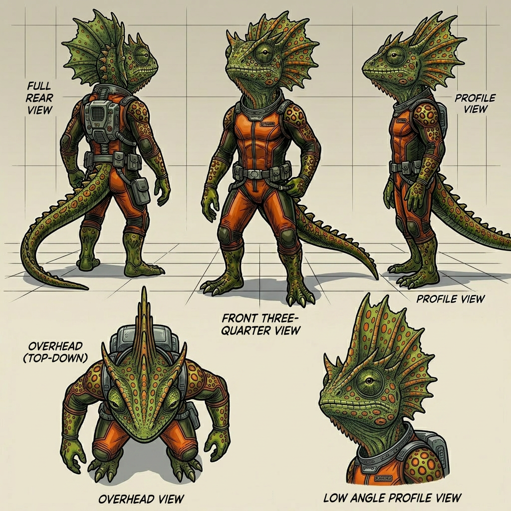 AI Design for generate this horned mowhawk lizard from different angles not a side mowhawk a mowhawk crest running throught the midddle centre