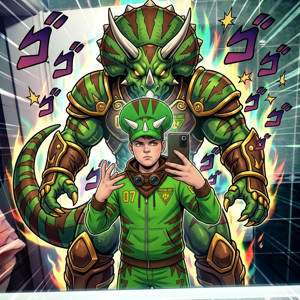 AI Design for give me a jojos bizzare adventure styled stand that is a spirt that embodies the users power and stands tall above them my outfit has the hat pants hoodie and goggles in a resting position same with the hood and the stand is mighty powerfull strongly resembles an armored triceratops with stripesgreen base brown stripes and yellow accents of choice dont make me anime style just the clothes and stand and the hood should rest on my shoulders3