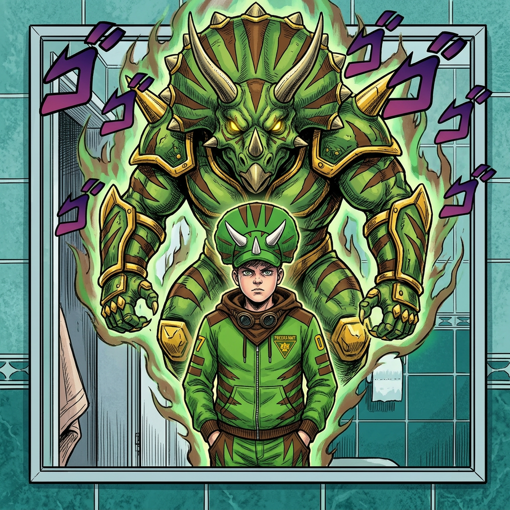 AI Design for give me a jojos bizzare adventure styled stand that is a spirt that embodies the users power and stands tall above them my outfit has the hat pants hoodie and goggles in a resting position same with the hood and the stand is mighty powerfull strongly resembles an armored triceratops with stripesgreen base brown stripes and yellow accents of choice dont make me anime style just the clothes and stand and the hood should rest on my shoulders3