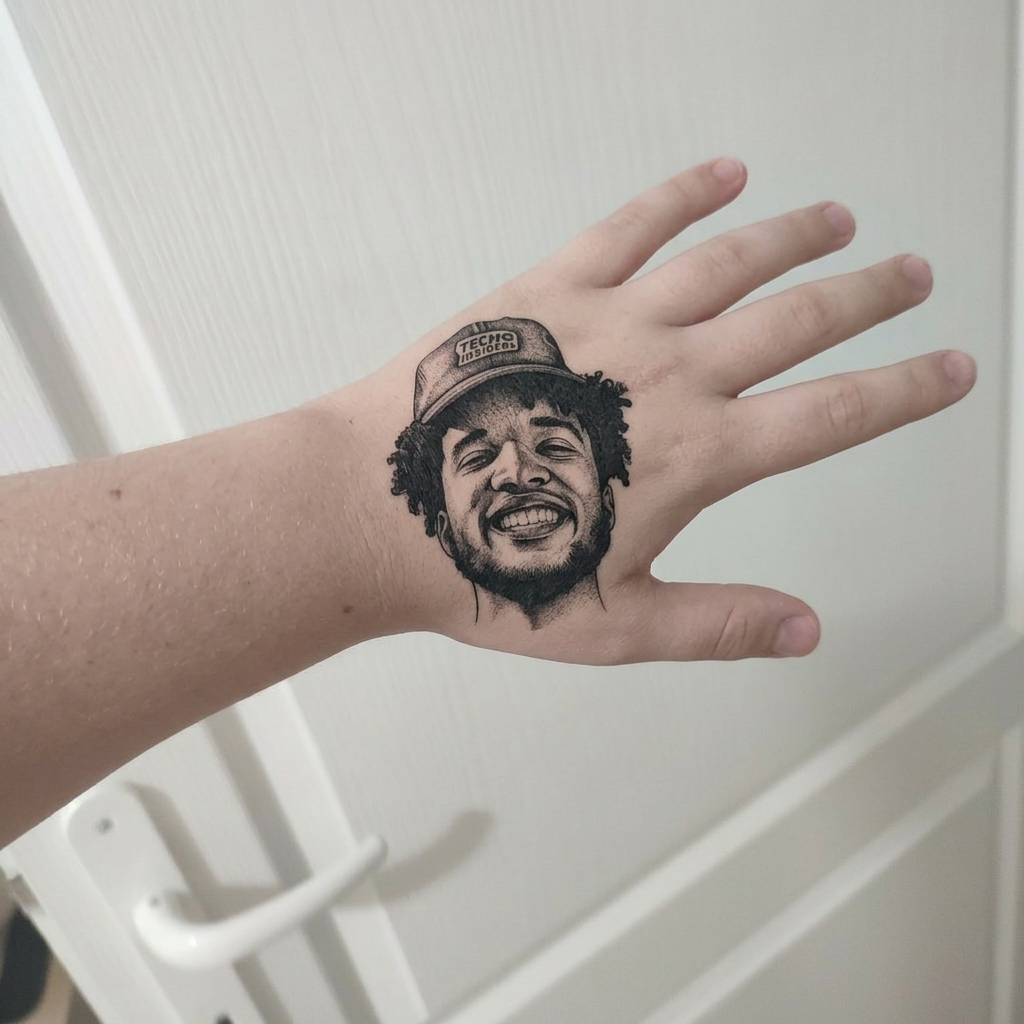 AI Design for Put a tattoo on my hand that looks like this person in fully black ink no color and also put it on the middle of my hand not my wrist