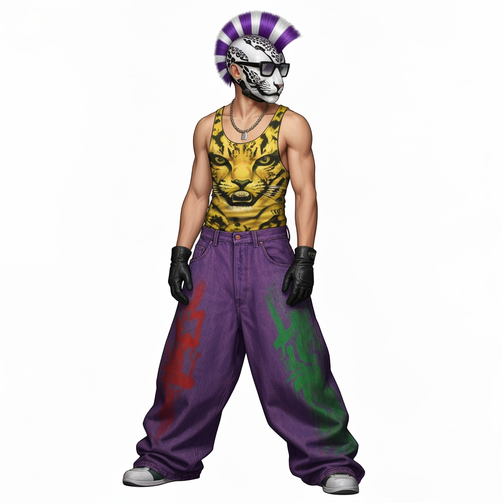 AI Design for Generate me an image of a 90s Style wrapper suit that has baggy jeans and tank top the tank top should be like a graffiti Style never mind it's gonna be a Jaguar like pattern like yellowish and the pants like the denim should be wide and be like a purple green red vibe with mostly purple that's like a graffiti Style then the person should have black gloves have Jaguar like helmet thing that has a side mohawk that's purple white and black like a pattern I should be kind of like 90 style rapper with those like wide glasses and stuff like that