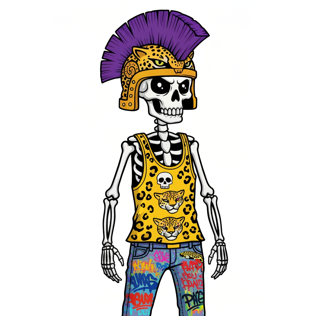 AI Design for Image of a 90s cartoon mascot that's a skeleton where's a tank top with a black outline and is yellow and has Jaguar spots he should also have something like an Aztec Jaguar helmet that has a purple mohawk that's a semi circle starting from half of the helmet and finishing up to close the semi circle it shouldn't left to right have purple black white black purple black white black purple black white black purple black white black purple also he should have graffiti jeans that are colorful from a bunch of graffiti painted on them like text with the big eyes more smaller skeletons heads of jaguars so on it should be very cartoony and graffiti art style with with big bold lines something lines the skeleton should also be very cartoony goofy he doesn't care he wears loves to forgot to mention that and in you should be this like graffiti art style which is very cool I guess it interesting Punk in you should be this like graffiti art style which is very cool I guess it interesting Punk