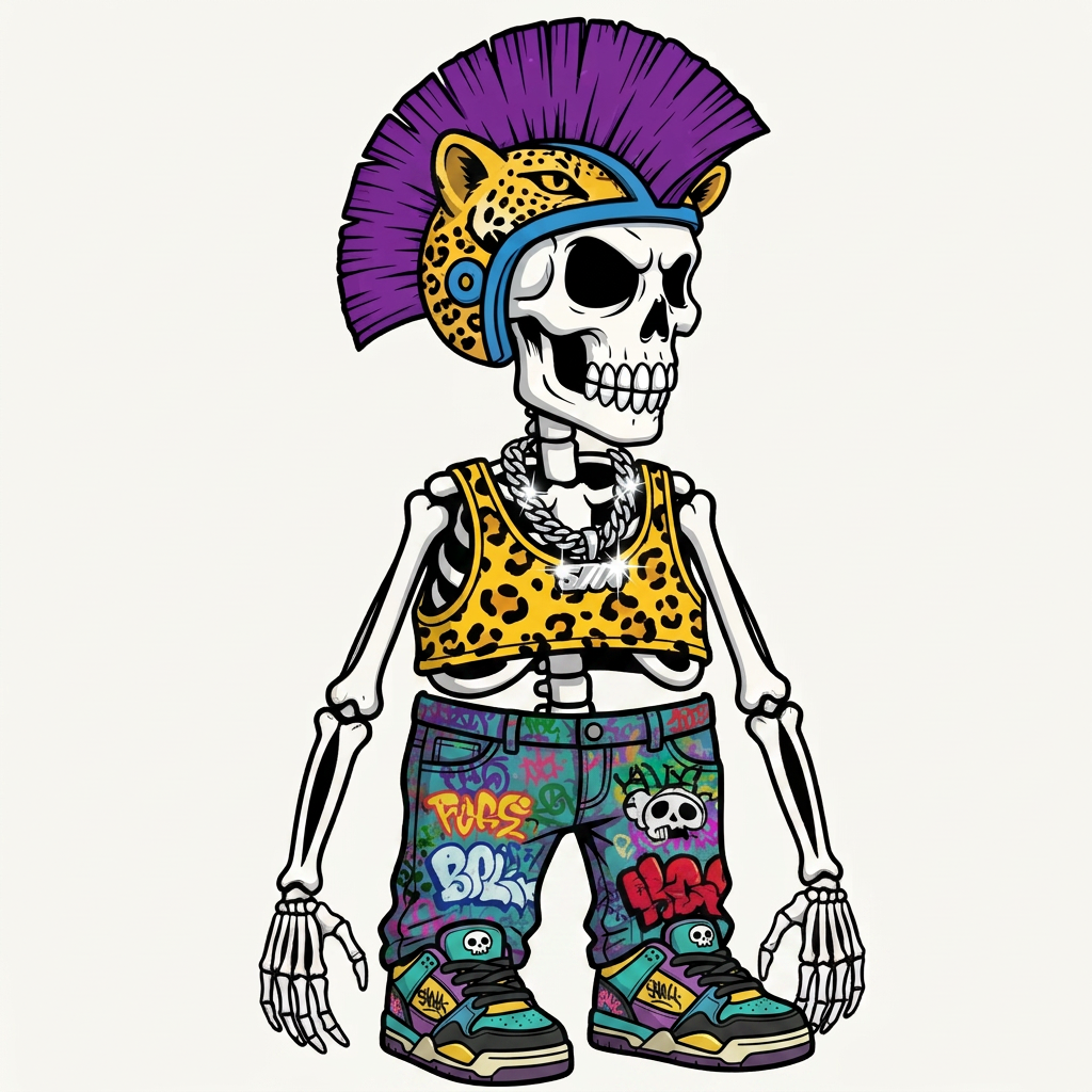AI Design for Make him a bit more shorter and stubier make the Jaguar tank top have no images of Jack wars instead of having the pattern of the Jaguars and the Jaguar how much should have the Jaguars ears this is not making a bit more shorter you can have like wider bones with the graffiti arch style also make his whole body visible and he was Cool shoes me the tank top of it smaller I guess we can fit on him's wider so it looks very baggy and gangster and yeah just improve those things and give him a chain like shine on