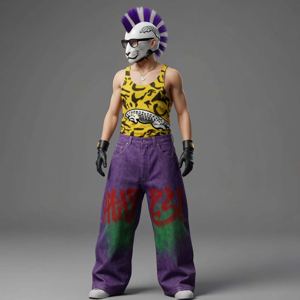 AI Design for Generate me an image of a 90s Style wrapper suit that has baggy jeans and tank top the tank top should be like a graffiti Style never mind it's gonna be a Jaguar like pattern like yellowish and the pants like the denim should be wide and be like a purple green red vibe with mostly purple that's like a graffiti Style then the person should have black gloves have Jaguar like helmet thing that has a side mohawk that's purple white and black like a pattern I should be kind of like 90 style rapper with those like wide glasses and stuff like that