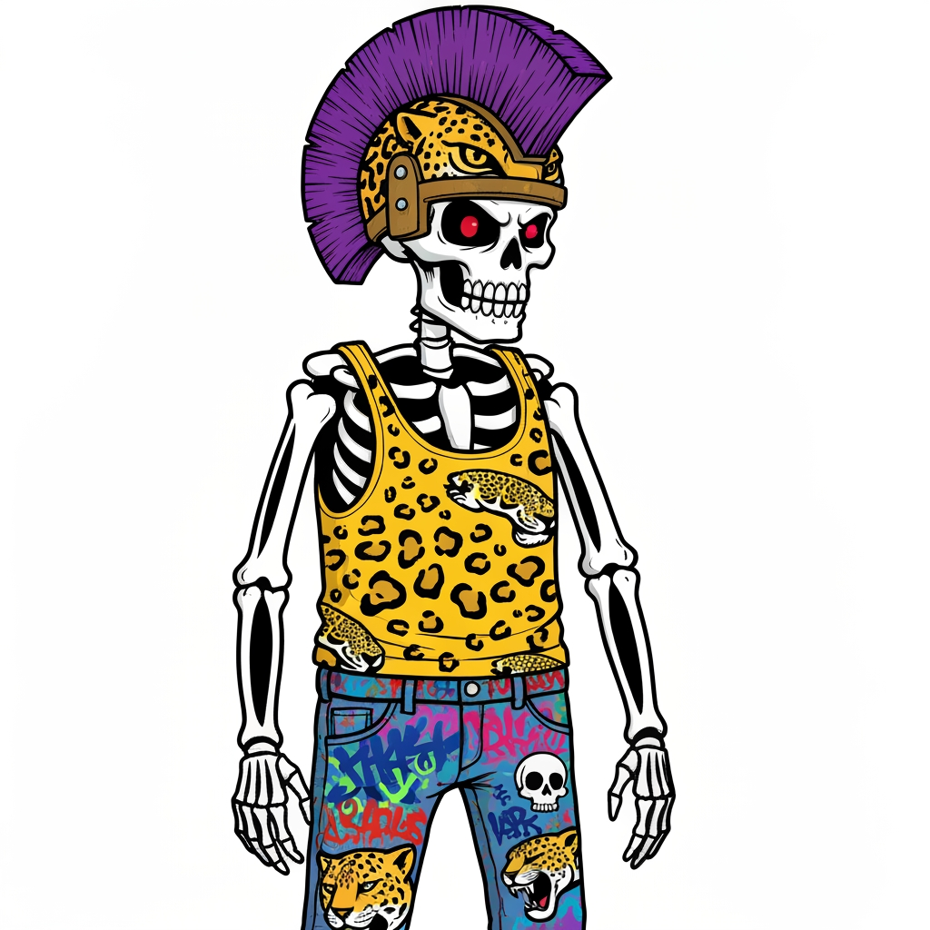 AI Design for Image of a 90s cartoon mascot that's a skeleton where's a tank top with a black outline and is yellow and has Jaguar spots he should also have something like an Aztec Jaguar helmet that has a purple mohawk that's a semi circle starting from half of the helmet and finishing up to close the semi circle it shouldn't left to right have purple black white black purple black white black purple black white black purple black white black purple also he should have graffiti jeans that are colorful from a bunch of graffiti painted on them like text with the big eyes more smaller skeletons heads of jaguars so on it should be very cartoony and graffiti art style with with big bold lines something lines the skeleton should also be very cartoony goofy he doesn't care he wears loves to forgot to mention that and in you should be this like graffiti art style which is very cool I guess it interesting Punk in you should be this like graffiti art style which is very cool I guess it interesting Punk