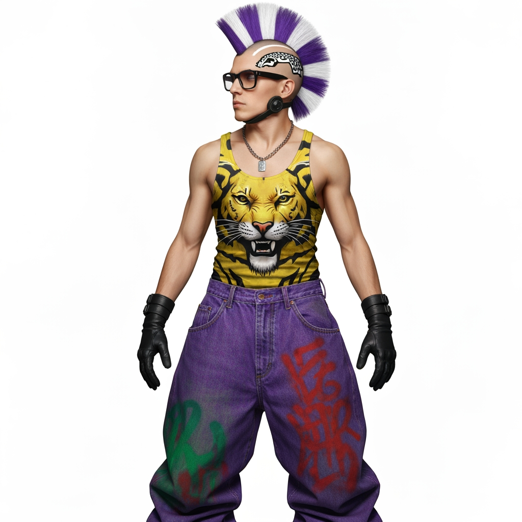 AI Design for Generate me an image of a 90s Style wrapper suit that has baggy jeans and tank top the tank top should be like a graffiti Style never mind it's gonna be a Jaguar like pattern like yellowish and the pants like the denim should be wide and be like a purple green red vibe with mostly purple that's like a graffiti Style then the person should have black gloves have Jaguar like helmet thing that has a side mohawk that's purple white and black like a pattern I should be kind of like 90 style rapper with those like wide glasses and stuff like that