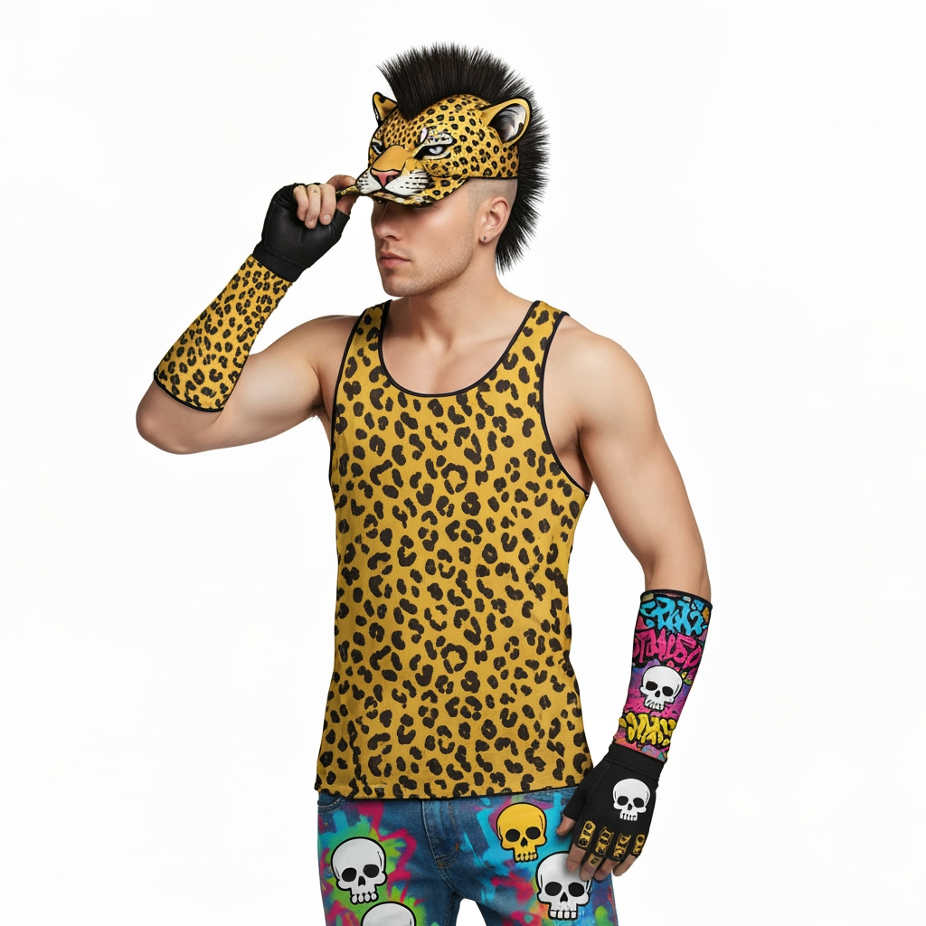AI Design for So a tank top should be Jaguar spots like yellow and you should have a cap like you can still see his face but it's like ahead of a Jaguar and he's putting it on it should have the ears and everything and then should have the side mohawk not the mohawk that goes back the mohawk that's a semi-circle and is back on the head it should kind of look like a mean the graffiti pants should be more vibrant and should look like a 90's mask on where it's like very funky and there's like a cartoonish art style also the gloves should be a bit longer and the graffiti should have text skulls oh now like cartoon art style