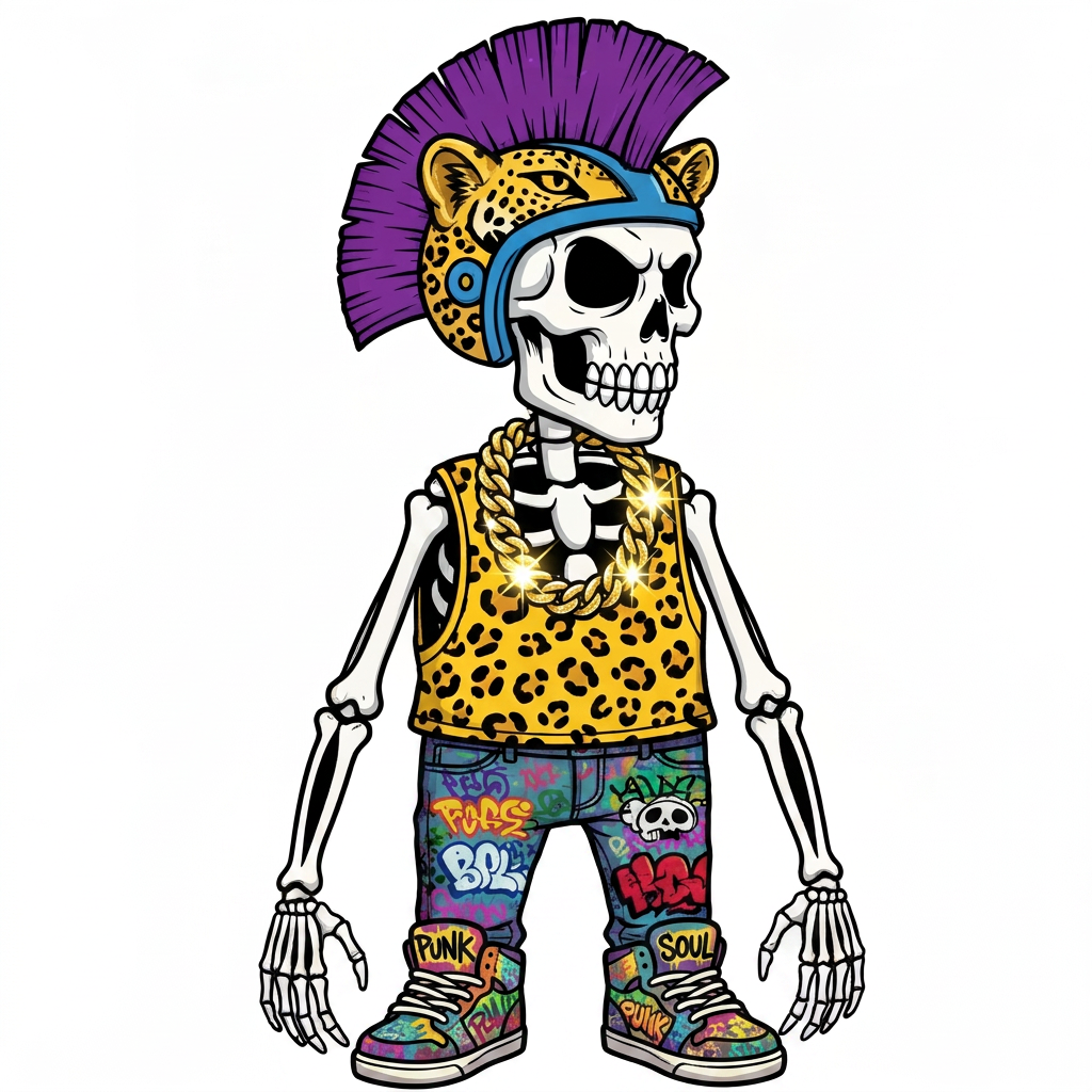 AI Design for Make him a bit more shorter and stubier make the Jaguar tank top have no images of Jack wars instead of having the pattern of the Jaguars and the Jaguar how much should have the Jaguars ears this is not making a bit more shorter you can have like wider bones with the graffiti arch style also make his whole body visible and he was Cool shoes me the tank top of it smaller I guess we can fit on him's wider so it looks very baggy and gangster and yeah just improve those things and give him a chain like shine on