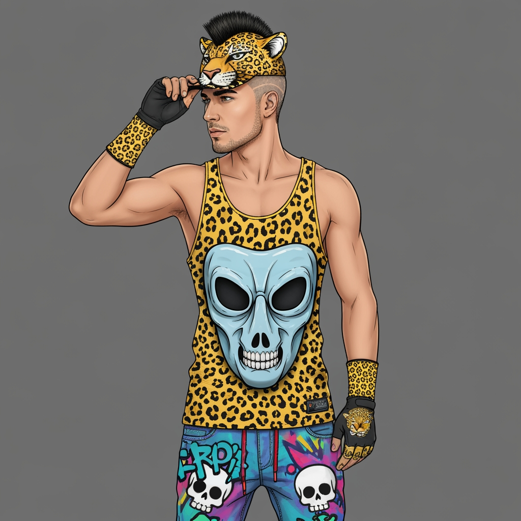 AI Design for So a tank top should be Jaguar spots like yellow and you should have a cap like you can still see his face but it's like ahead of a Jaguar and he's putting it on it should have the ears and everything and then should have the side mohawk not the mohawk that goes back the mohawk that's a semi-circle and is back on the head it should kind of look like a mean the graffiti pants should be more vibrant and should look like a 90's mask on where it's like very funky and there's like a cartoonish art style also the gloves should be a bit longer and the graffiti should have text skulls oh now like cartoon art style