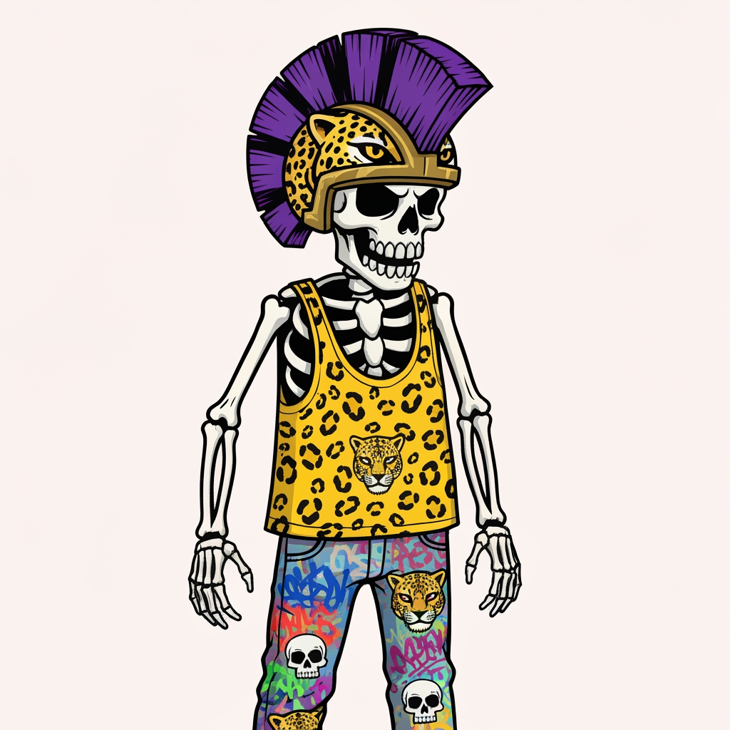 AI Design for Image of a 90s cartoon mascot that's a skeleton where's a tank top with a black outline and is yellow and has Jaguar spots he should also have something like an Aztec Jaguar helmet that has a purple mohawk that's a semi circle starting from half of the helmet and finishing up to close the semi circle it shouldn't left to right have purple black white black purple black white black purple black white black purple black white black purple also he should have graffiti jeans that are colorful from a bunch of graffiti painted on them like text with the big eyes more smaller skeletons heads of jaguars so on it should be very cartoony and graffiti art style with with big bold lines something lines the skeleton should also be very cartoony goofy he doesn't care he wears loves to forgot to mention that and in you should be this like graffiti art style which is very cool I guess it interesting Punk in you should be this like graffiti art style which is very cool I guess it interesting Punk