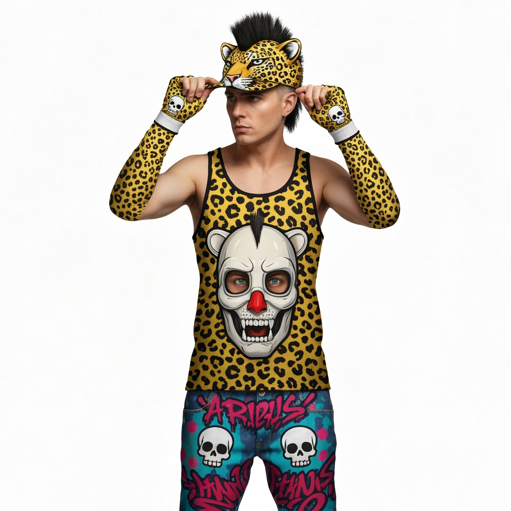 AI Design for So a tank top should be Jaguar spots like yellow and you should have a cap like you can still see his face but it's like ahead of a Jaguar and he's putting it on it should have the ears and everything and then should have the side mohawk not the mohawk that goes back the mohawk that's a semi-circle and is back on the head it should kind of look like a mean the graffiti pants should be more vibrant and should look like a 90's mask on where it's like very funky and there's like a cartoonish art style also the gloves should be a bit longer and the graffiti should have text skulls oh now like cartoon art style
