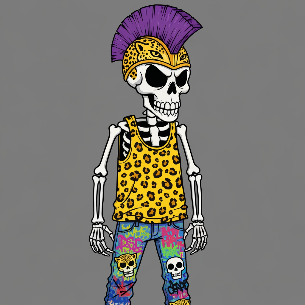 AI Design for Image of a 90s cartoon mascot that's a skeleton where's a tank top with a black outline and is yellow and has Jaguar spots he should also have something like an Aztec Jaguar helmet that has a purple mohawk that's a semi circle starting from half of the helmet and finishing up to close the semi circle it shouldn't left to right have purple black white black purple black white black purple black white black purple black white black purple also he should have graffiti jeans that are colorful from a bunch of graffiti painted on them like text with the big eyes more smaller skeletons heads of jaguars so on it should be very cartoony and graffiti art style with with big bold lines something lines the skeleton should also be very cartoony goofy he doesn't care he wears loves to forgot to mention that and in you should be this like graffiti art style which is very cool I guess it interesting Punk in you should be this like graffiti art style which is very cool I guess it interesting Punk
