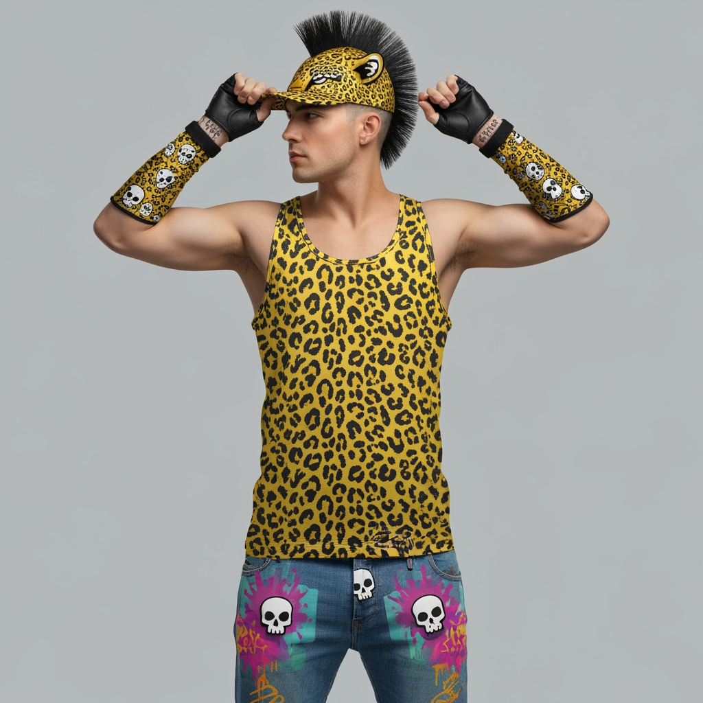 AI Design for So a tank top should be Jaguar spots like yellow and you should have a cap like you can still see his face but it's like ahead of a Jaguar and he's putting it on it should have the ears and everything and then should have the side mohawk not the mohawk that goes back the mohawk that's a semi-circle and is back on the head it should kind of look like a mean the graffiti pants should be more vibrant and should look like a 90's mask on where it's like very funky and there's like a cartoonish art style also the gloves should be a bit longer and the graffiti should have text skulls oh now like cartoon art style