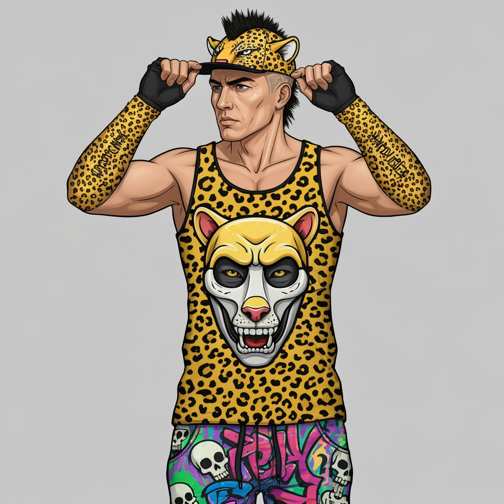 AI Design for So a tank top should be Jaguar spots like yellow and you should have a cap like you can still see his face but it's like ahead of a Jaguar and he's putting it on it should have the ears and everything and then should have the side mohawk not the mohawk that goes back the mohawk that's a semi-circle and is back on the head it should kind of look like a mean the graffiti pants should be more vibrant and should look like a 90's mask on where it's like very funky and there's like a cartoonish art style also the gloves should be a bit longer and the graffiti should have text skulls oh now like cartoon art style