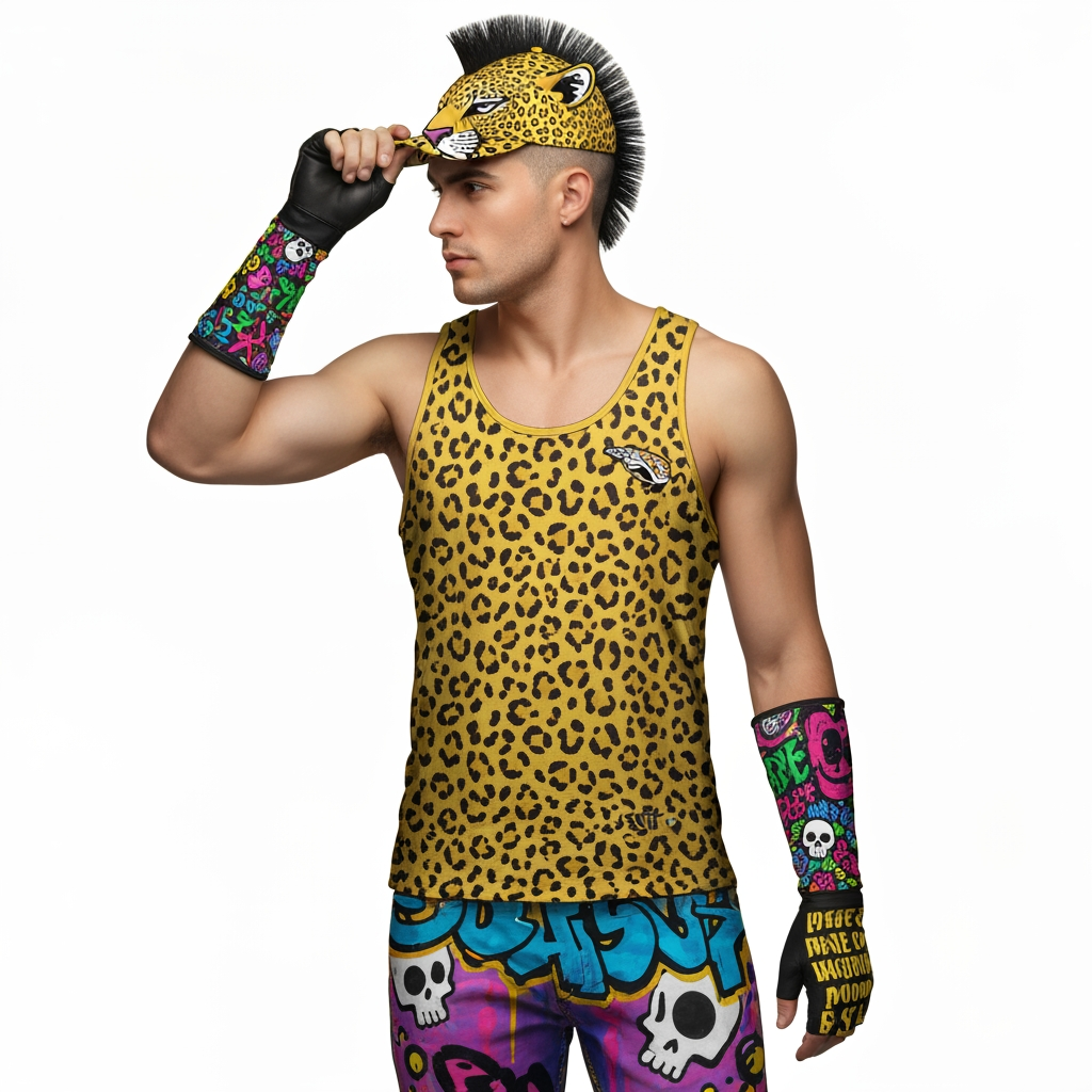 AI Design for So a tank top should be Jaguar spots like yellow and you should have a cap like you can still see his face but it's like ahead of a Jaguar and he's putting it on it should have the ears and everything and then should have the side mohawk not the mohawk that goes back the mohawk that's a semi-circle and is back on the head it should kind of look like a mean the graffiti pants should be more vibrant and should look like a 90's mask on where it's like very funky and there's like a cartoonish art style also the gloves should be a bit longer and the graffiti should have text skulls oh now like cartoon art style