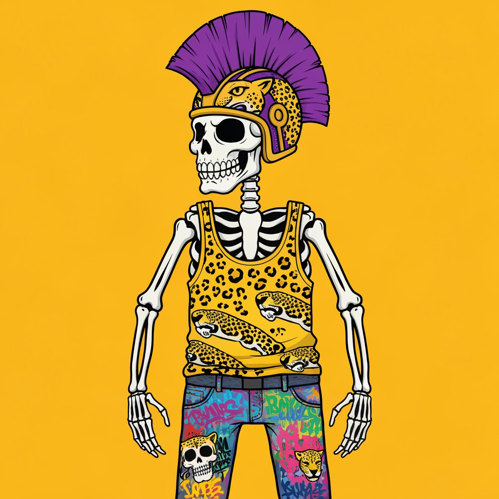 AI Design for Image of a 90s cartoon mascot that's a skeleton where's a tank top with a black outline and is yellow and has Jaguar spots he should also have something like an Aztec Jaguar helmet that has a purple mohawk that's a semi circle starting from half of the helmet and finishing up to close the semi circle it shouldn't left to right have purple black white black purple black white black purple black white black purple black white black purple also he should have graffiti jeans that are colorful from a bunch of graffiti painted on them like text with the big eyes more smaller skeletons heads of jaguars so on it should be very cartoony and graffiti art style with with big bold lines something lines the skeleton should also be very cartoony goofy he doesn't care he wears loves to forgot to mention that and in you should be this like graffiti art style which is very cool I guess it interesting Punk in you should be this like graffiti art style which is very cool I guess it interesting Punk