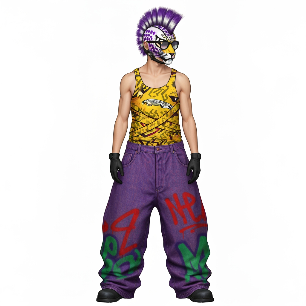AI Design for Generate me an image of a 90s Style wrapper suit that has baggy jeans and tank top the tank top should be like a graffiti Style never mind it's gonna be a Jaguar like pattern like yellowish and the pants like the denim should be wide and be like a purple green red vibe with mostly purple that's like a graffiti Style then the person should have black gloves have Jaguar like helmet thing that has a side mohawk that's purple white and black like a pattern I should be kind of like 90 style rapper with those like wide glasses and stuff like that
