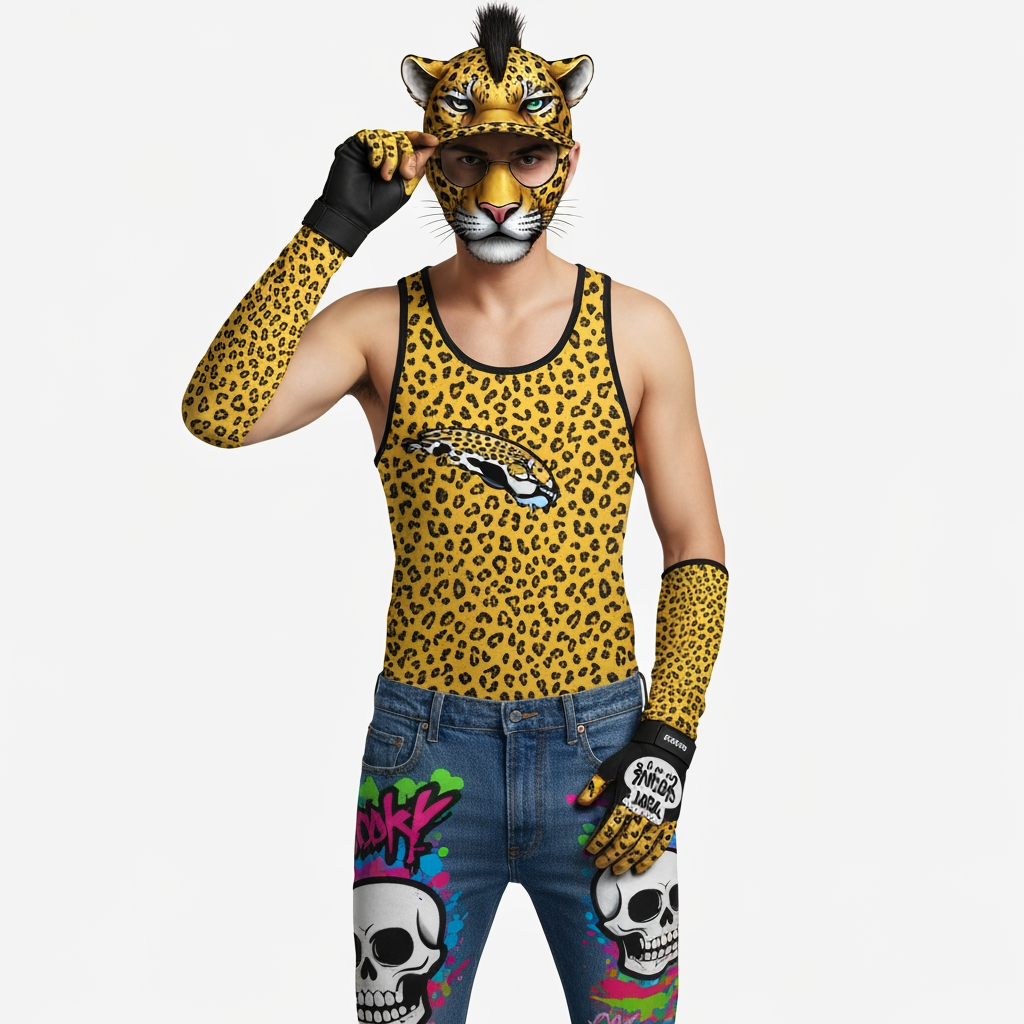 AI Design for So a tank top should be Jaguar spots like yellow and you should have a cap like you can still see his face but it's like ahead of a Jaguar and he's putting it on it should have the ears and everything and then should have the side mohawk not the mohawk that goes back the mohawk that's a semi-circle and is back on the head it should kind of look like a mean the graffiti pants should be more vibrant and should look like a 90's mask on where it's like very funky and there's like a cartoonish art style also the gloves should be a bit longer and the graffiti should have text skulls oh now like cartoon art style