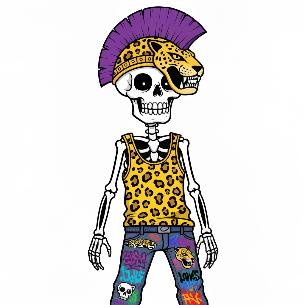 AI Design for Image of a 90s cartoon mascot that's a skeleton where's a tank top with a black outline and is yellow and has Jaguar spots he should also have something like an Aztec Jaguar helmet that has a purple mohawk that's a semi circle starting from half of the helmet and finishing up to close the semi circle it shouldn't left to right have purple black white black purple black white black purple black white black purple black white black purple also he should have graffiti jeans that are colorful from a bunch of graffiti painted on them like text with the big eyes more smaller skeletons heads of jaguars so on it should be very cartoony and graffiti art style with with big bold lines something lines the skeleton should also be very cartoony goofy he doesn't care he wears loves to forgot to mention that and in you should be this like graffiti art style which is very cool I guess it interesting Punk in you should be this like graffiti art style which is very cool I guess it interesting Punk