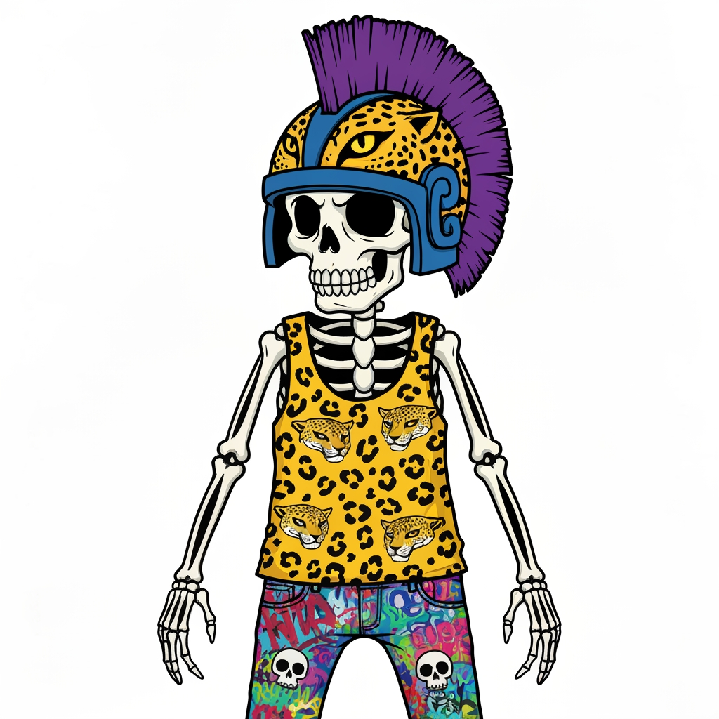 AI Design for Image of a 90s cartoon mascot that's a skeleton where's a tank top with a black outline and is yellow and has Jaguar spots he should also have something like an Aztec Jaguar helmet that has a purple mohawk that's a semi circle starting from half of the helmet and finishing up to close the semi circle it shouldn't left to right have purple black white black purple black white black purple black white black purple black white black purple also he should have graffiti jeans that are colorful from a bunch of graffiti painted on them like text with the big eyes more smaller skeletons heads of jaguars so on it should be very cartoony and graffiti art style with with big bold lines something lines the skeleton should also be very cartoony goofy he doesn't care he wears loves to forgot to mention that and in you should be this like graffiti art style which is very cool I guess it interesting Punk in you should be this like graffiti art style which is very cool I guess it interesting Punk