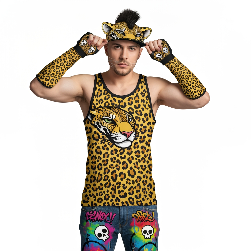 AI Design for So a tank top should be Jaguar spots like yellow and you should have a cap like you can still see his face but it's like ahead of a Jaguar and he's putting it on it should have the ears and everything and then should have the side mohawk not the mohawk that goes back the mohawk that's a semi-circle and is back on the head it should kind of look like a mean the graffiti pants should be more vibrant and should look like a 90's mask on where it's like very funky and there's like a cartoonish art style also the gloves should be a bit longer and the graffiti should have text skulls oh now like cartoon art style