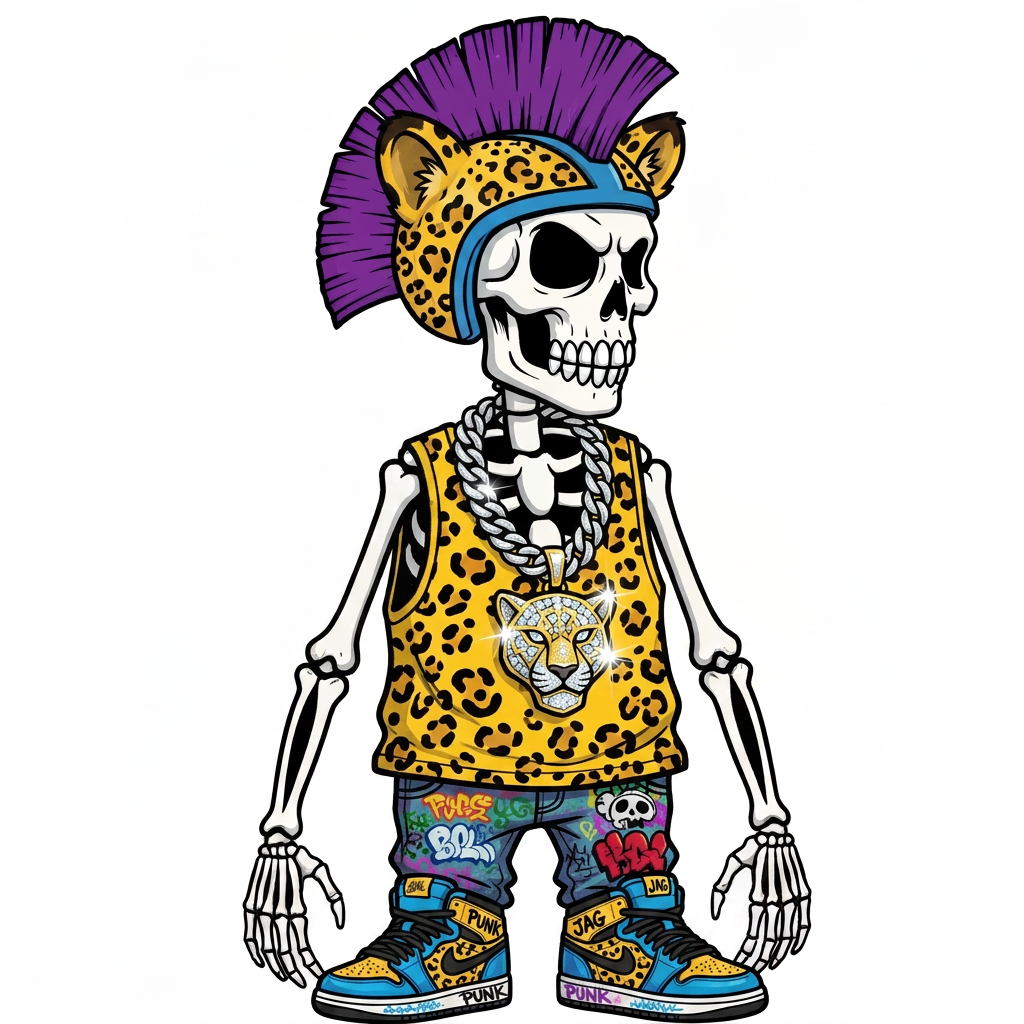 AI Design for Make him a bit more shorter and stubier make the Jaguar tank top have no images of Jack wars instead of having the pattern of the Jaguars and the Jaguar how much should have the Jaguars ears this is not making a bit more shorter you can have like wider bones with the graffiti arch style also make his whole body visible and he was Cool shoes me the tank top of it smaller I guess we can fit on him's wider so it looks very baggy and gangster and yeah just improve those things and give him a chain like shine on