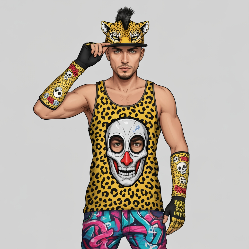 AI Design for So a tank top should be Jaguar spots like yellow and you should have a cap like you can still see his face but it's like ahead of a Jaguar and he's putting it on it should have the ears and everything and then should have the side mohawk not the mohawk that goes back the mohawk that's a semi-circle and is back on the head it should kind of look like a mean the graffiti pants should be more vibrant and should look like a 90's mask on where it's like very funky and there's like a cartoonish art style also the gloves should be a bit longer and the graffiti should have text skulls oh now like cartoon art style